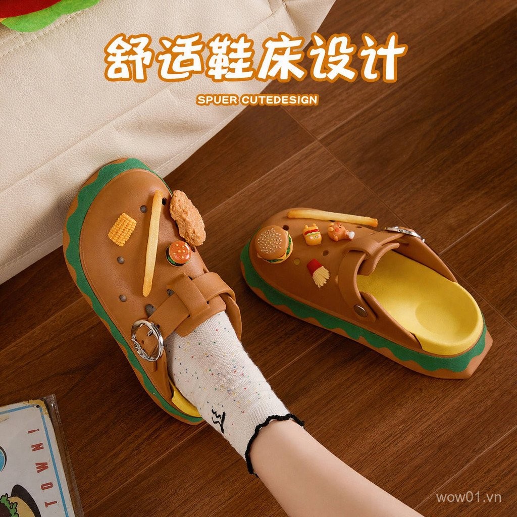 Ưu đãi đặc biệt trong thời gian có hạn Người ảnh hưởng Burger diy Birkenstock Giày có lỗ Giày nữ Mùa hè Mặc ngoài bờ biển Chống trượt Baotou Nửa dép xoay