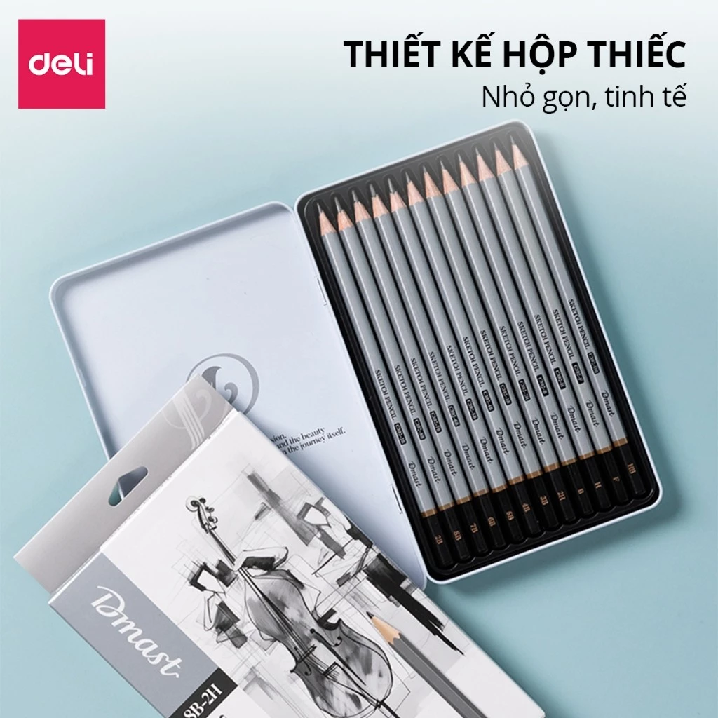 Bộ 12 Bút Chì Phác Thảo Dmast Hộp Thiếc Deli Cao Cấp Bút Chì Phác Thảo Nhiều Độ Đậm Nhạt Vẽ Rõ Nét C