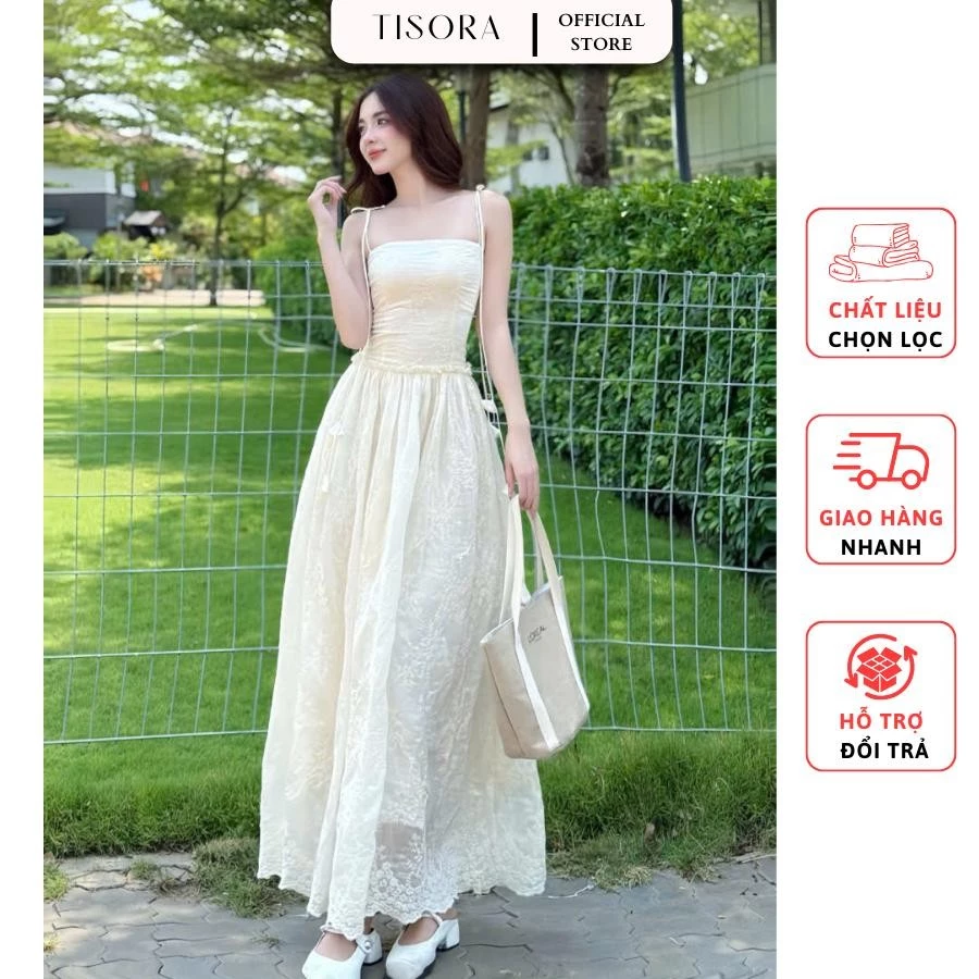 Đầm maxi đi biển 2 dây bo chun lưng chất tơ thêu hoa 2 màu: Be, Xanh D0145 - TISORA