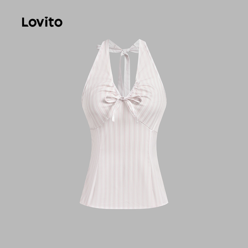 Áo sát nách nữ Lovito hồng nhạt xuân hè hở lưng buộc dây hoạ tiết kẻ sọc phong cách thường ngày L136AD305