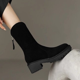 Giày bốt mắt cá chân mũi tròn gót thấp dành cho nữ Dây kéo lưng thời trang