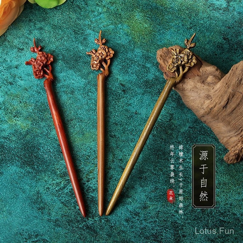 Khắc Tay Gỗ Đàn Hương Xanh Tươi Mận Kẹp Tóc Cổ Retro Phong Cách Trung Hoa Cao Cấp Đơn Giản Hàng Ngày Kẹp Tóc Mũ Đội Đầu