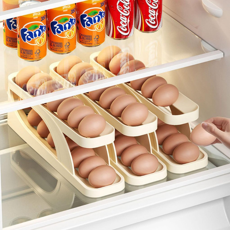 4 Tầng Khay Đựng Trứng Cuộn Tự Động Tiết Kiệm Không Gian Cho Tủ Lạnh Giá Đỡ Trắng Vàng