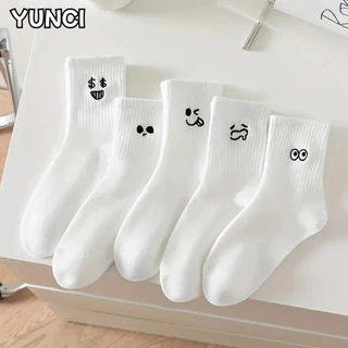 Set 5 Đôi Vớ Trắng Cổ Trung Họa Tiết Biểu Cảm Hoạt Hình Dễ Thương Dành Cho Nữ tt39 LILIRIA