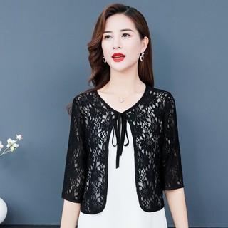 Khăn choàng ren phối bên ngoài áo cardigan thời trang cỡ lớn thon gọn rộng rãi cho nữ áo khoác dễ phối mẫu ngắn chống nắng rỗng áo mùa hè