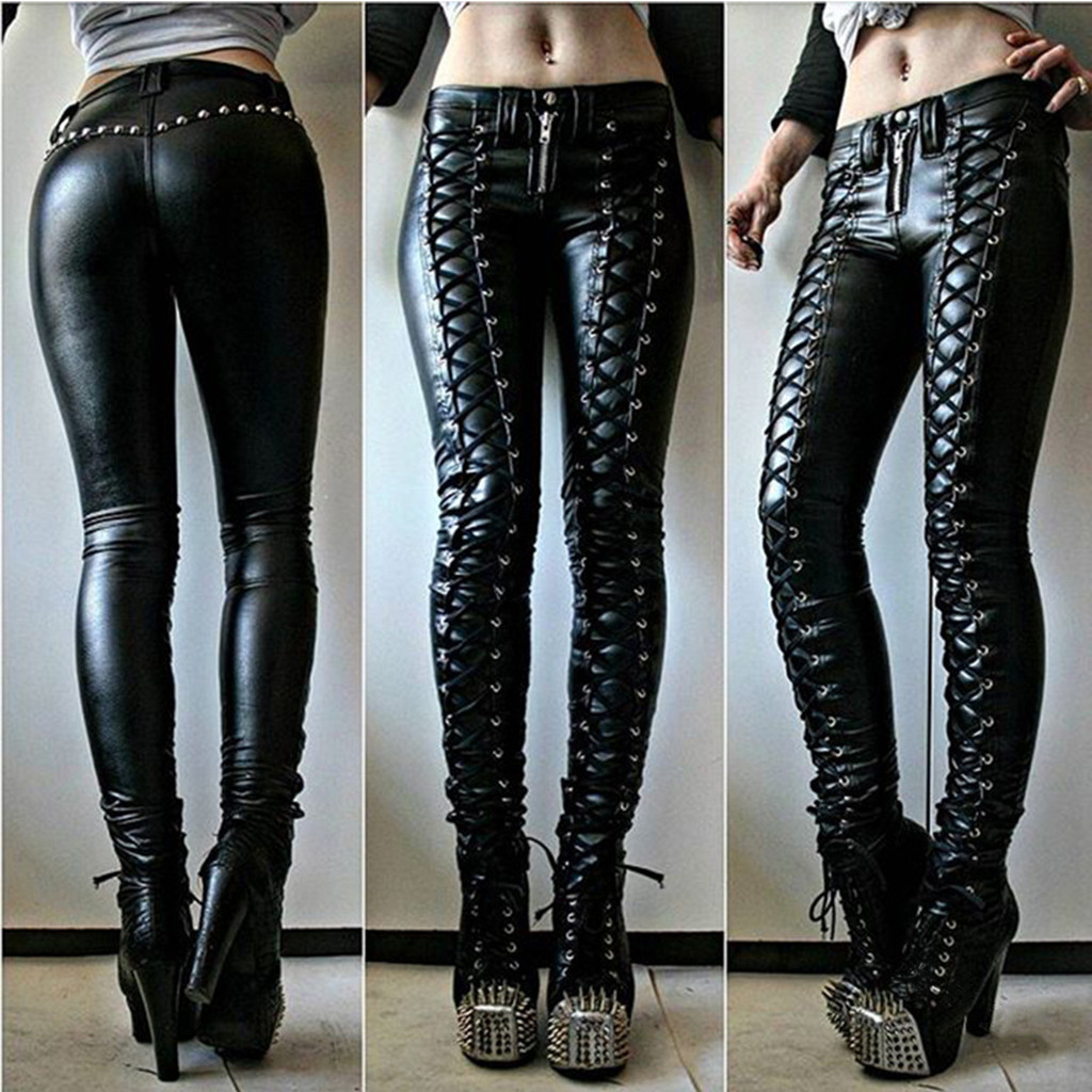 Codstore _ livecity Steampunk Nữ Giả Da Cosplay Quần Carnival Đảng Skinny Nút Quần