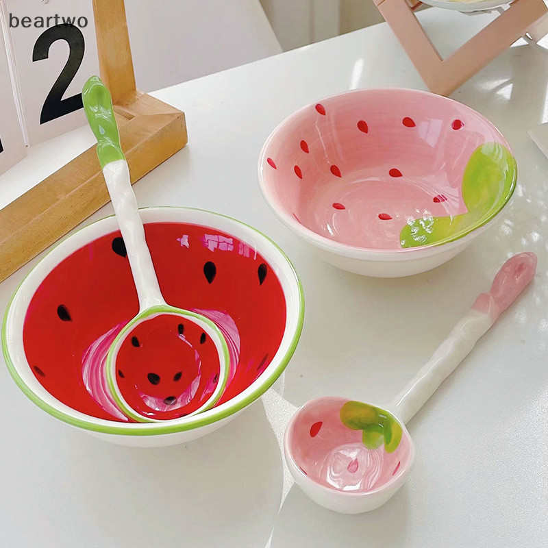 < Beartwo > Muỗng hình dưa hấu dâu đáng yêu Muỗng gốm ngũ cốc Thìa súp Ramen Hoa văn trái cây Phục vụ Bát thìa đẹp