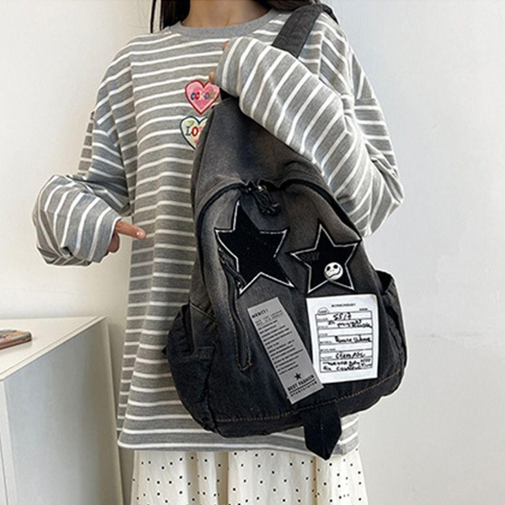 Ba lô đi học HIGHVIEWLS, Ba lô ngôi sao Denim họa tiết ngôi sao dung tích lớn, Túi đeo vai đôi Unisex Y2K thời trang phù hợp ngoài trời