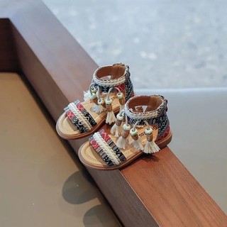 Mùa Hè 2026 Thương Hiệu Mới Truyền Thống Dân Tộc Retro Trẻ Em Thời Trang Xăng đan Tua Rua Thoáng Khí Bé Gái Dép Trẻ Em Họa Tiết KÍNH