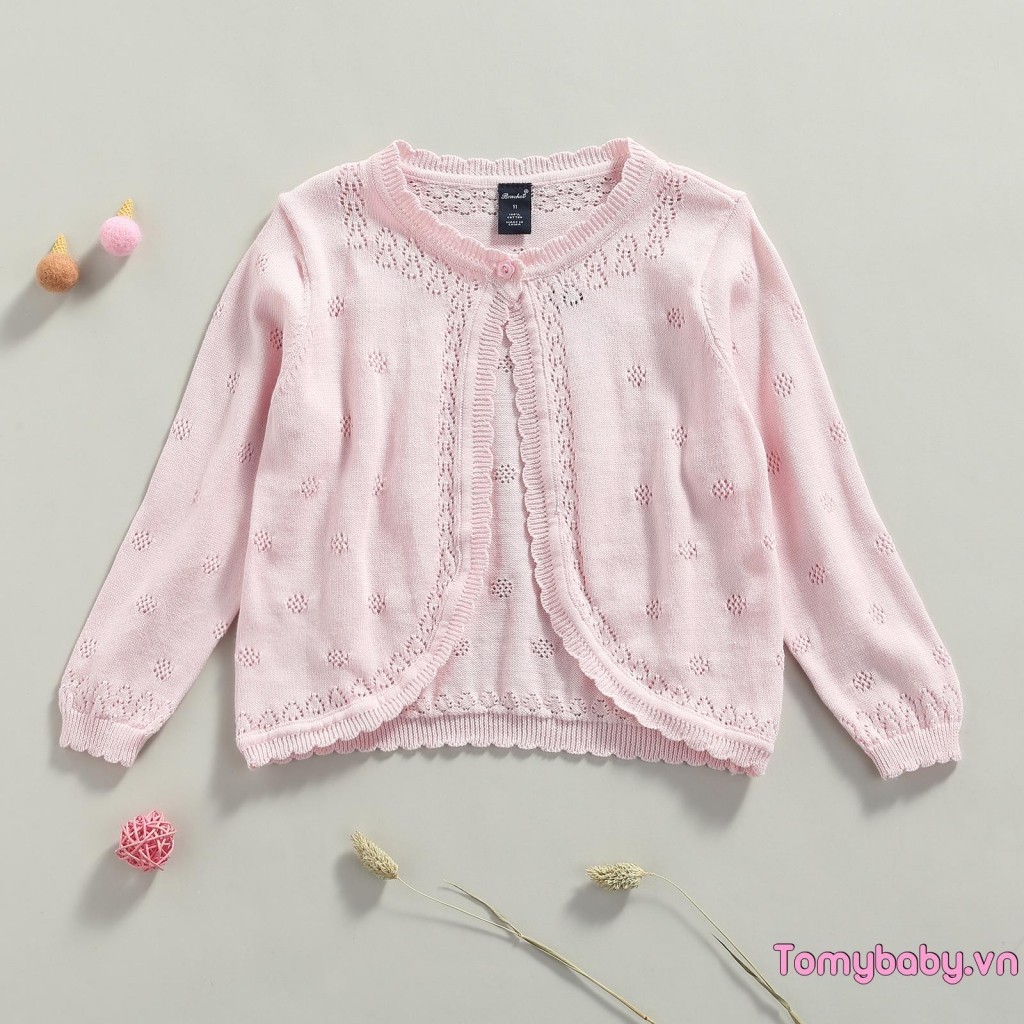 Áo len Cardigan trẻ em bé gái dài tay dễ thương cổ tròn có nút lên áo len dệt kim