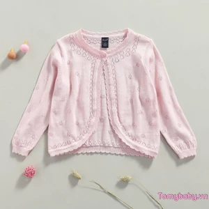 Áo len Cardigan trẻ em bé gái dài tay dễ thương cổ tròn có nút lên áo len dệt kim