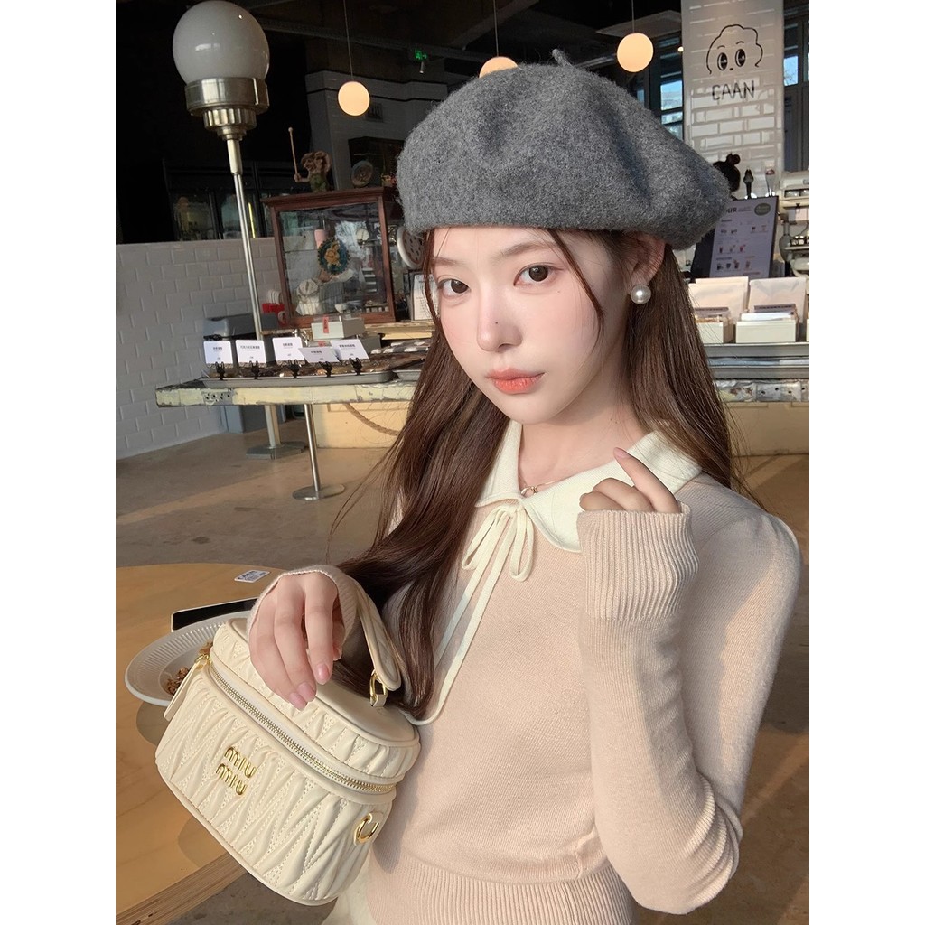 Suxi Pháp Retro Thu Đông Mới Cổ Búp Bê Dài Tay Dệt Kim Áo Len Nữ Ngắn 240830