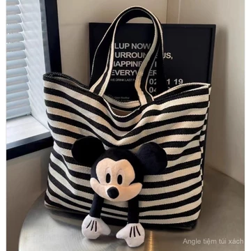 Túi Tote sọc dung tích lớn Túi 2024 nữ túi Tote Mickey hoạt hình dễ thương thời trang mẫu mới Túi Vải Bố đựng sách/Túi tote sọc lớn cho phụ nữ, phiên bản mới năm 2024, thời trang đáng yêu với hình hoạ