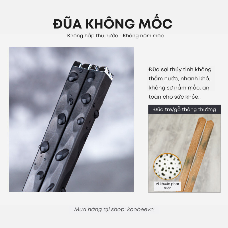 Bộ 5/10 Đôi Đũa Sợi Thủy Tinh Màu Đen Thân Vuông Mạ Bạc Chống Mốc, Chịu Nhiệt, Chống Trơn Trượt KOOBEE | 156