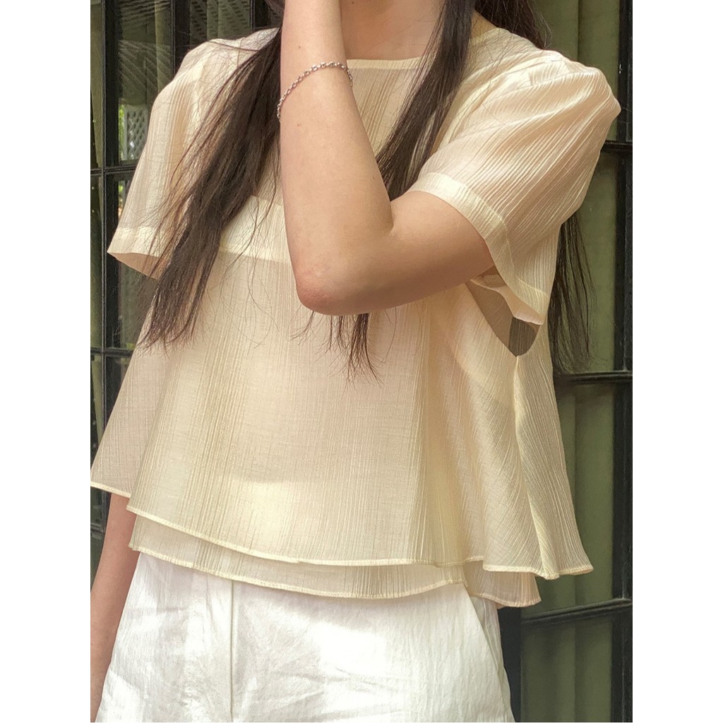 Suxi Hàn Quốc Sang Trọng Hai Mảnh Áo Sơ Mi Màu Trơn Tay Ngắn Cổ Tròn Áo Sơ Mi Nữ Top 240918