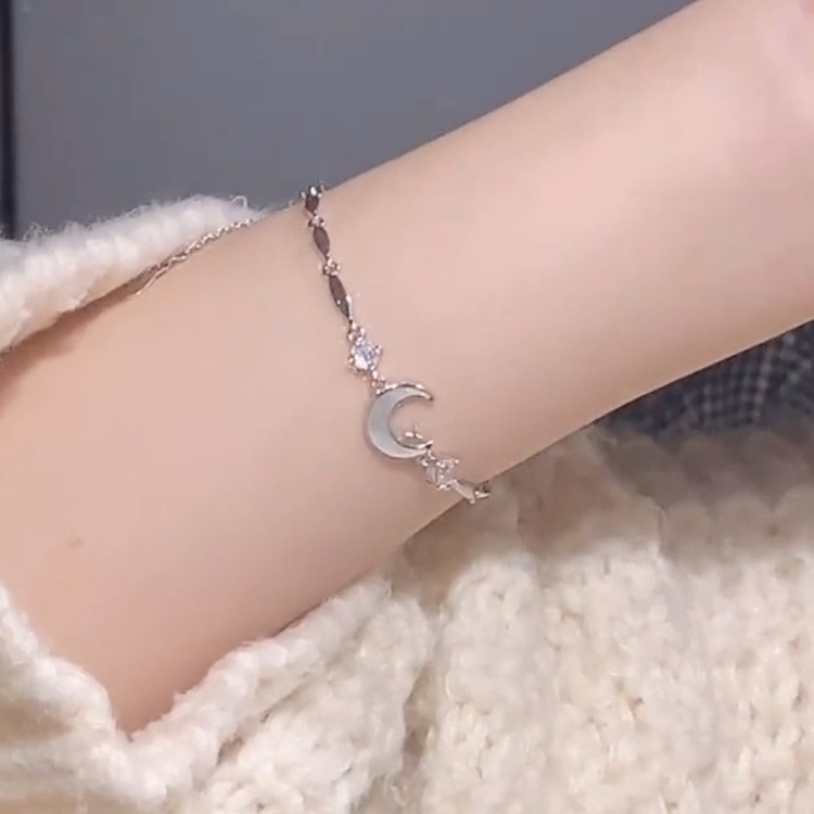 Thời trang S925 Bạc Sao Mặt Trăng Vòng Tay Nữ Tinh Tế Đơn Giản Có Thể Điều Chỉnh Vòng Tay Kim Cương