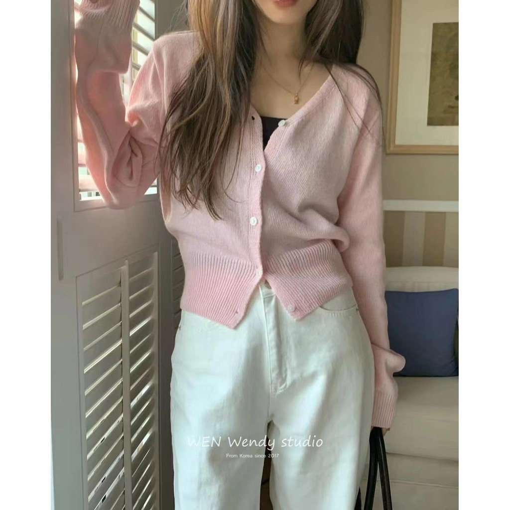 Suxi Retro Màu Trơn Thu Đông Mới Cổ Chữ V Dài Tay Dệt Kim Cardigan Nữ Áo Len Ngắn 240925