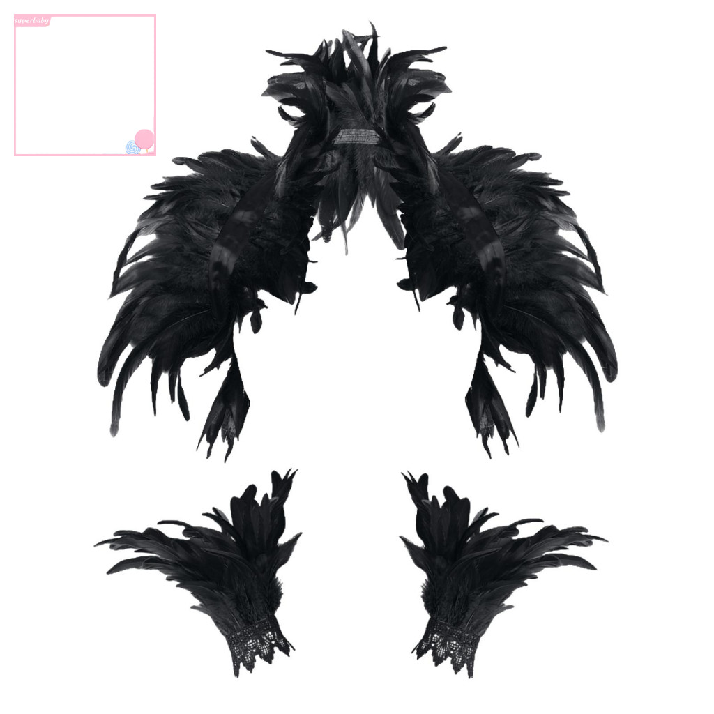 Superbaby Thiết Kế Lông Vũ Khăn Choàng Lông Vũ Bộ Vòng Tay Lông Khăn Choàng Phong Cách Gothic Cổ Có Vòng Cổ Halloween Cosplay Khăn Đeo Vai