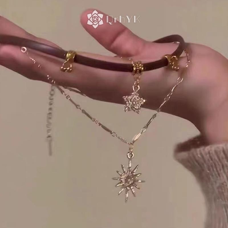 Qrhyk Thời Trang Nữ Vintage Da Vòng Cổ Choker Hai Lớp Ngôi Sao Mặt Dây Chuyền Trang Sức Có Thể Điều Chỉnh Dây Xích Mới