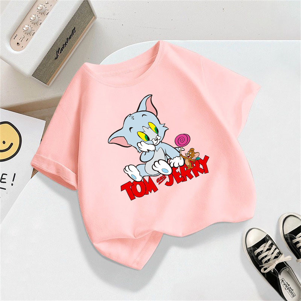 2024 Ngắn Tay Trắng T-Shirt Với Tom Và Jerry In Vui Vẻ Phim Hoạt Hình Cho Bé Trai Và Bé Gái