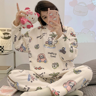 Bộ đồ ngủ lông cừu san hô mùa đông nữ cộng với nhung dày ấm áp flannel lưới người nổi tiếng phong cách 2025 quần áo gia đình mới
