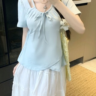 [Áo thun tay phồng phong cách Hàn Quốc nhiều màu cảm giác nữ tính] Áo cỡ lớn dành cho nữ Áo sơ mi nhỏ thông thường thiết kế không đều Áo thun ngắn tay nữ mùa hè béo mm dáng rộng mỏng hơn Vỏ bọc thịt Áo hơi béo cỡ lớn dành cho nữ