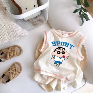 Mùa Hè Phong Cách Mới Bé Trai Bé Gái Dễ Thương Áo Vest Không Tay Phù Hợp Với Bé Hoạt Hình In Màu Sắc Tương Phản Quần Short Thể Thao Hai Mảnh Phù Hợp Với