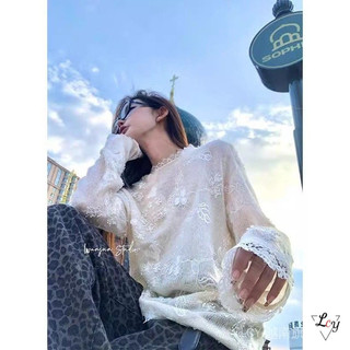 Áo dệt kim tay dài phối ren, họa tiết quả lê thêu rỗng, phong cách Hàn Dongdaemun mới mùa thu đông, áo mặc trong thanh lịch và dịu dàng dành cho nữ.