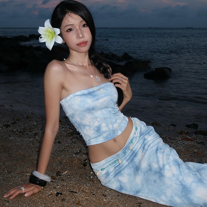 Klalien Wave Ripples Bộ Đồ Bikini Phù Hợp Đi Biển Mùa Hè, Kiểu Dáng Quấn Ngực VàCrop Top Kết Hợp Váy Hở Hông Lưng Cao