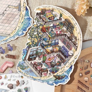 ENWEI 3 Cái [My Little House 8.0 Series] Nhãn dán phong cảnh 3D Chất liệu chống nước Phong cách hoạt hình Sổ lưu niệm Tạp chí Người lập kế hoạch Trang trí Nhãn dán văn phòng phẩm