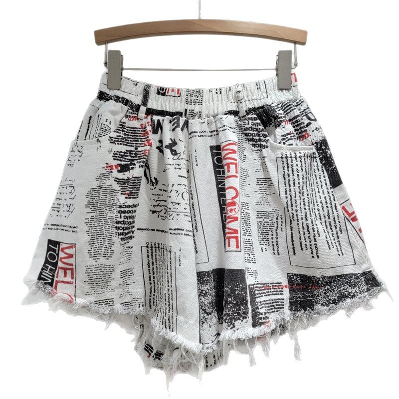 Chữ Cái Tiếng Anh Báo In Hình Chữ A Quần Short Châu Âu Phong Cách Mỹ Đường Phố Chân Dài Cổ Co Giãn Eo Quần Short Chân Rộng