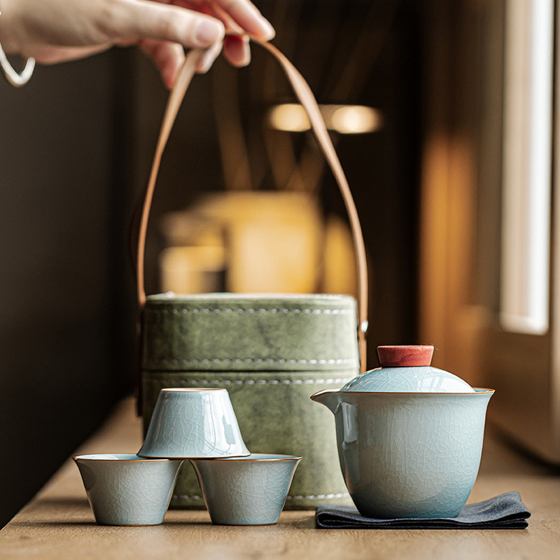 Bộ Trà Gốm Ru Kiln Ice Crack Cốc Nhanh Một Nồi Ba Cốc Có Túi Hộ Gia Đình / Du Lịch Bộ Trà Kung Fu