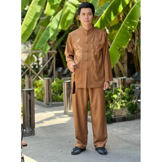 Set linen nam đi chùa thêu rồng, pháp phục trung niên