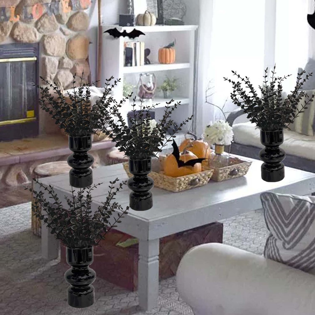 Đồ trang trí Halloween Lá bạch đàn màu đen nhân tạo 38cm Phong cách tối với thân dây có thể uốn cong - 10 / 40 CÁI Trang trí nhà cửa tiệc ma quái