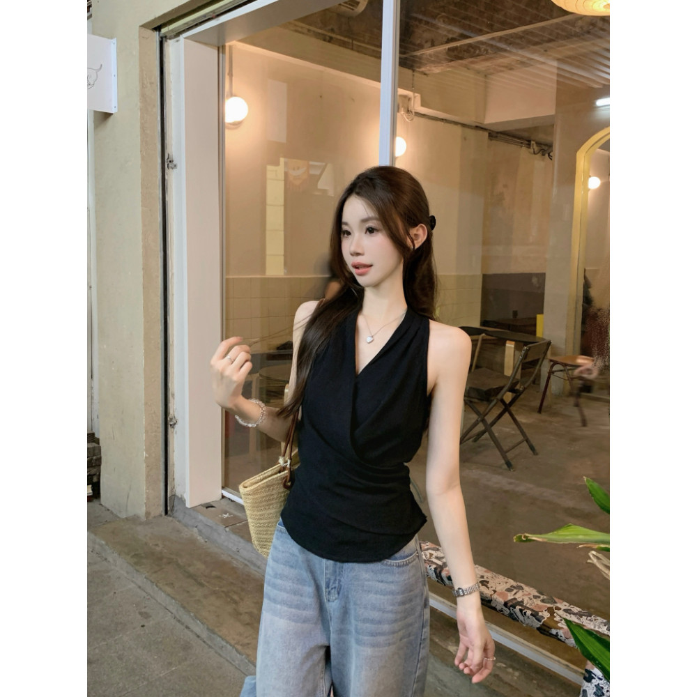 SUXI Áo sơ mi không tay cổ chữ V kiểu Pháp nhẹ nhàng, phù hợp mùa hè cho nữ