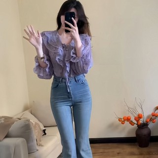 Cổ chữ V, tay nấm ba chiều, voan tím, áo sơ mi họa tiết xù - Size lớn cho ngày thường