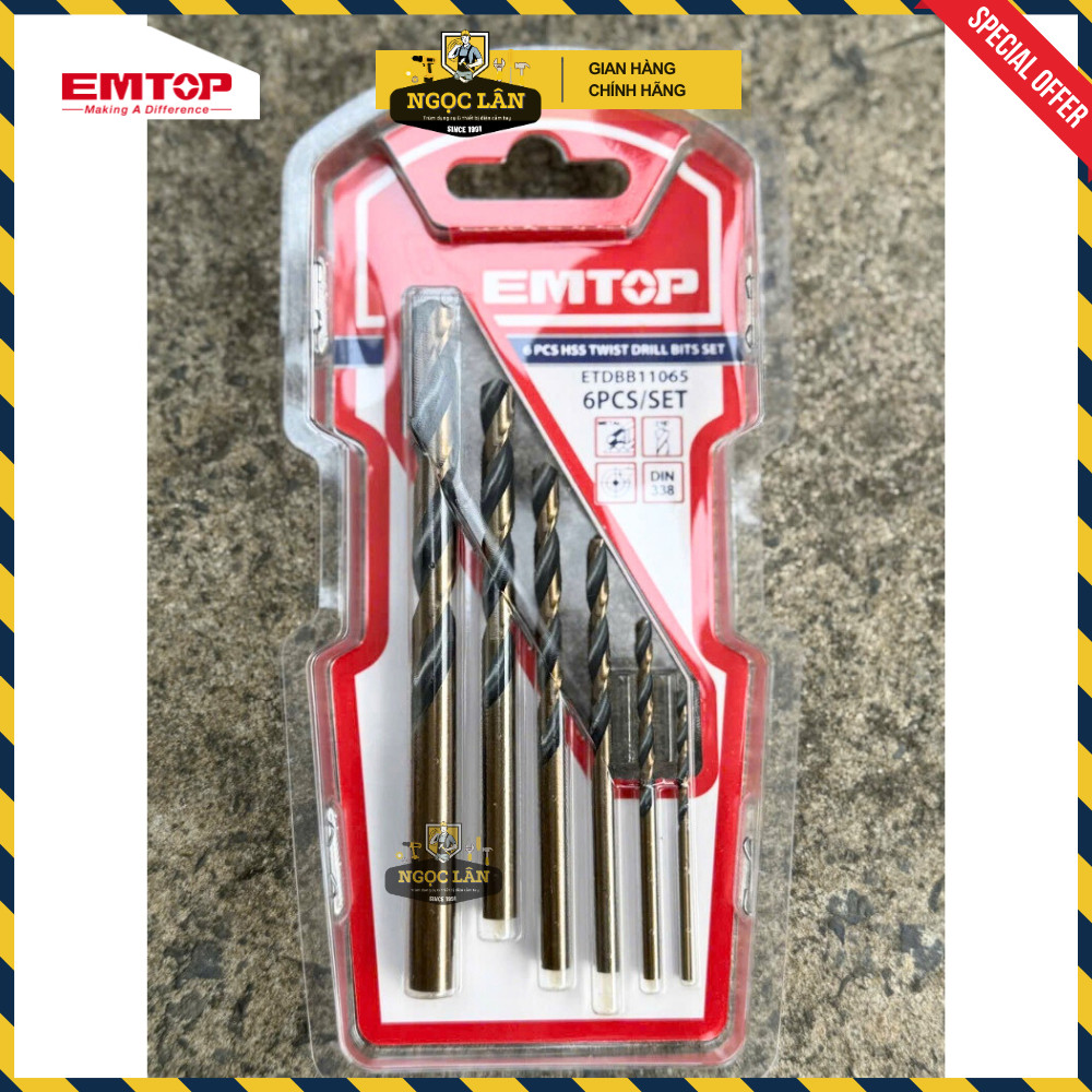 [Chính hãng[ Bộ 6 Mũi Khoan sắt EMTOP thép HSS Đuôi Tròn cao cấp (mã ETDBB11065)