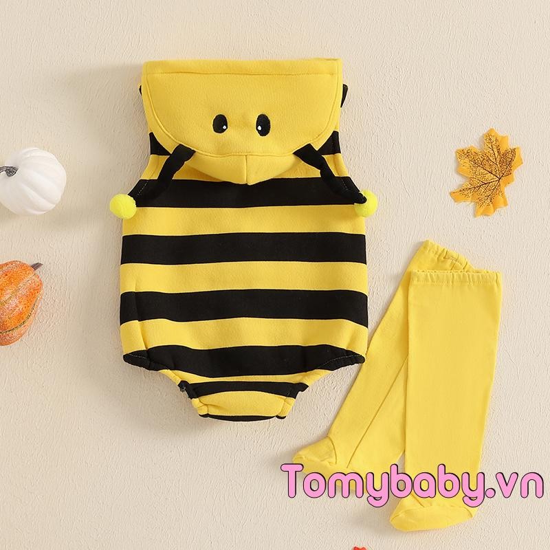 Bộ trang phục ong cho bé Bộ áo liền quần có mũ trùm đầu không tay + Tất dài Trang phục ong Bumble