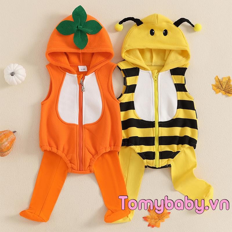 Bộ trang phục ong cho bé Bộ áo liền quần có mũ trùm đầu không tay + Tất dài Trang phục ong Bumble