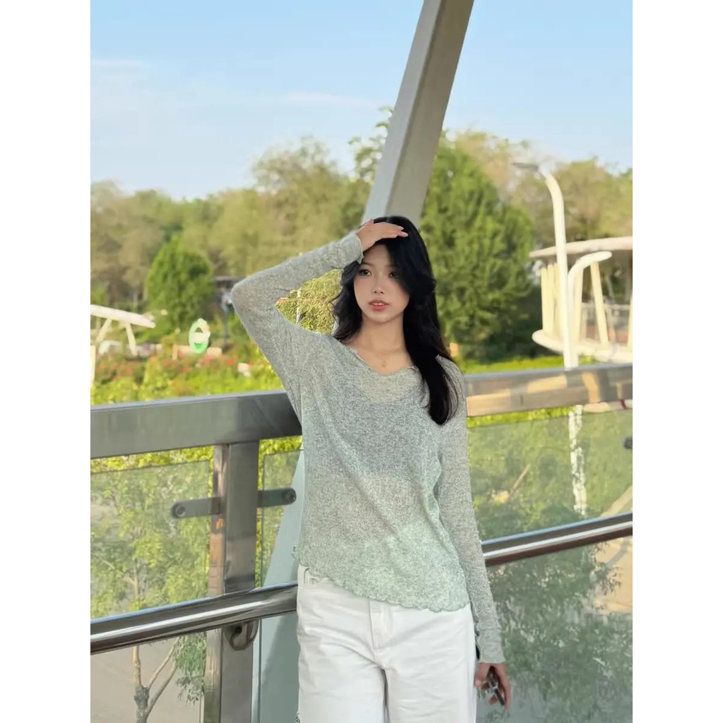 Milyfashion Cổ Chữ V Mỏng Dài Tay T Mùa Hè Rời Hơi Trong Suốt Chống Nắng Dệt Kim Áo