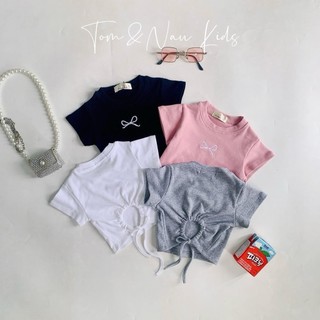 A24-[tomnaukids] Áo thun cộc tay Croptop thêu nơ rút dây cho bé gái thun bozip cotton size từ 8-35Kg