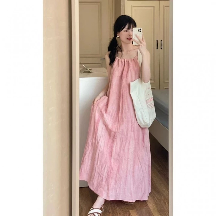 Váy 2 dây trễ vai Váy đi biển Đầm hai dây bigsize nữ Váy dài màu hồng cho nữ cỡ lớn, áo ba lỗ mùa hè cho nữ, váy không tay ôm sát khí chất, váy dài đi biển, Váy treo ngày lễ