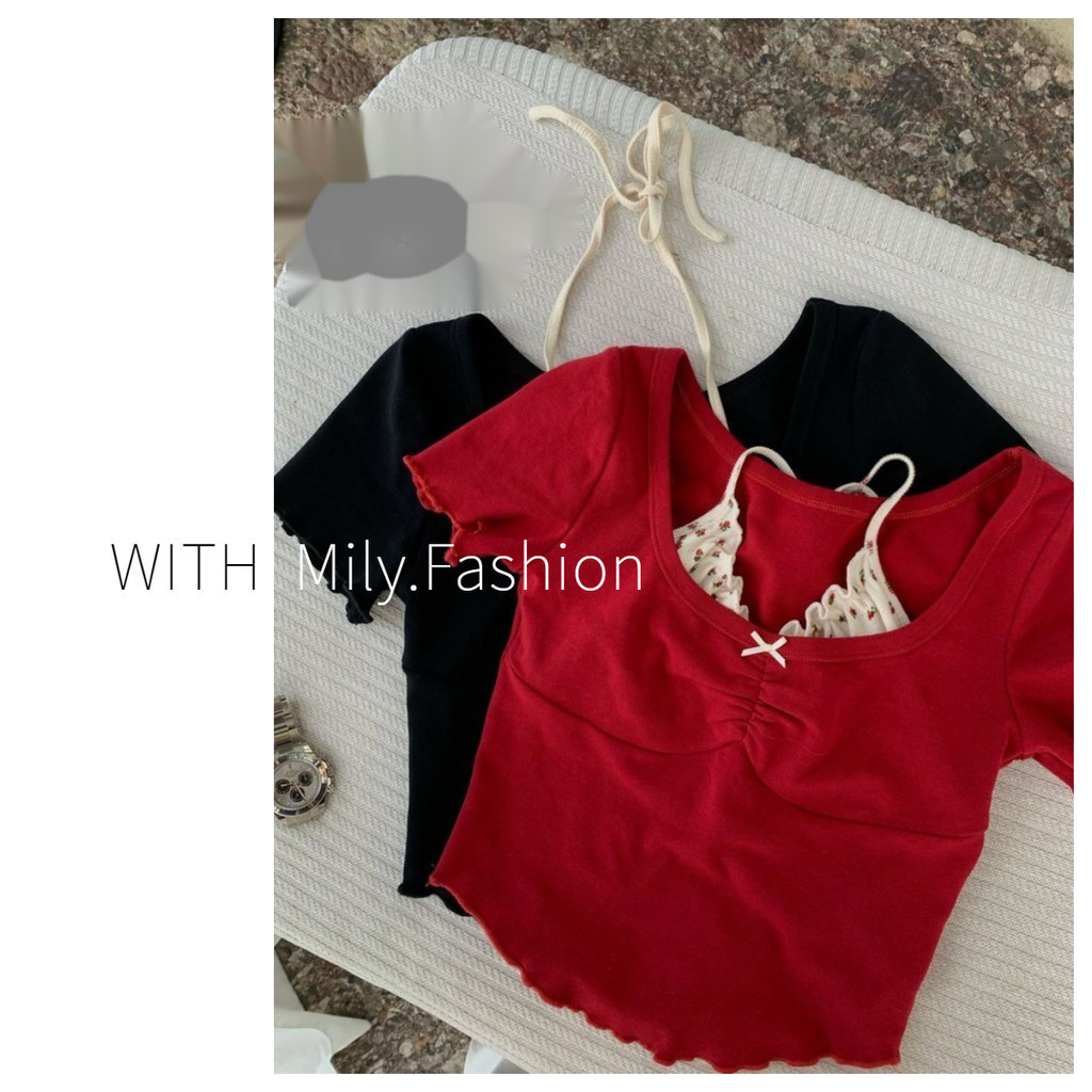 Milyfashion Sweet Dream Ballet Hoa Khâu Nấm Top Slimer Look Pure Desire Style Dây Cổ Màu Sắc Tương Phản Giả Hai Mảnh Tay Ngắn T @