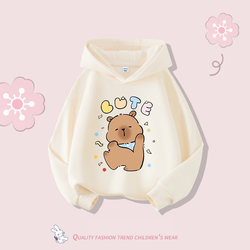 Áo hoodie trẻ em, Áo Hoodie mùa xuân và mùa thu 2024 Cô Gái mới, in hình capybala dễ thương