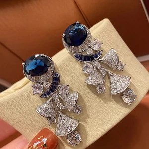 Sang Trọng Bạc 925 Kim Cương Xanh Zircon Bông Tai Hình Quạt Váy Tua Rua Bông Tai