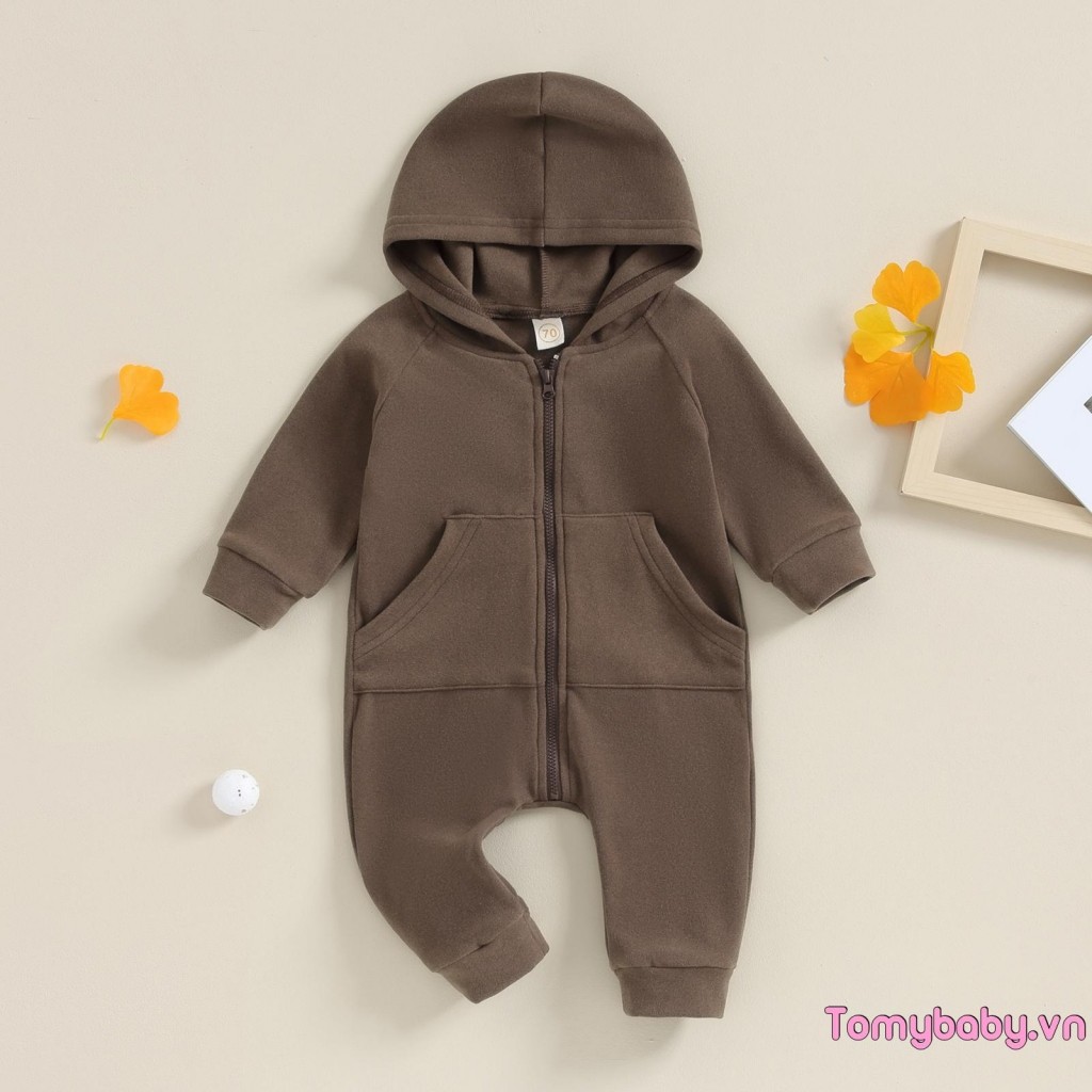 Bộ áo liền quần có mũ trùm đầu mùa thu màu trơn dài tay có dây kéo đóng cửa Áo liền quần thông thường cho bé gái bé trai