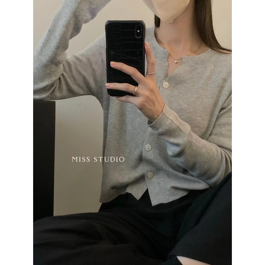 Suxi Thu Đông Mới Pháp Retro Cổ Tròn Dài Tay Dệt Kim Cardigan Áo Len Nữ 240901