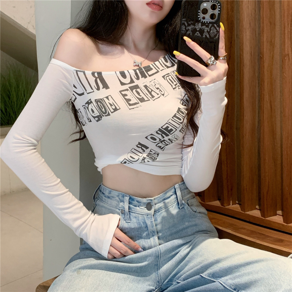Milyfashion Pure Desire Sweet Hot Girl Một Vai Slanted Vai T Không Đều Dài Tay Niche Ngắn Top
