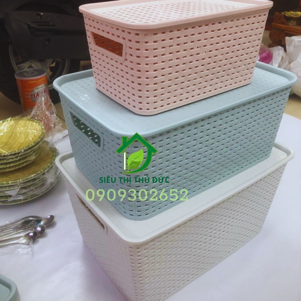Rổ Nhựa Có Nắp Đậy 3 Size Việt Nhật, Giỏ Giả Mây Đựng Đồ Chơi, Quần Áo Có Nắp Kiểu Hàn Quốc Màu Sắc Nhẹ Nhàng