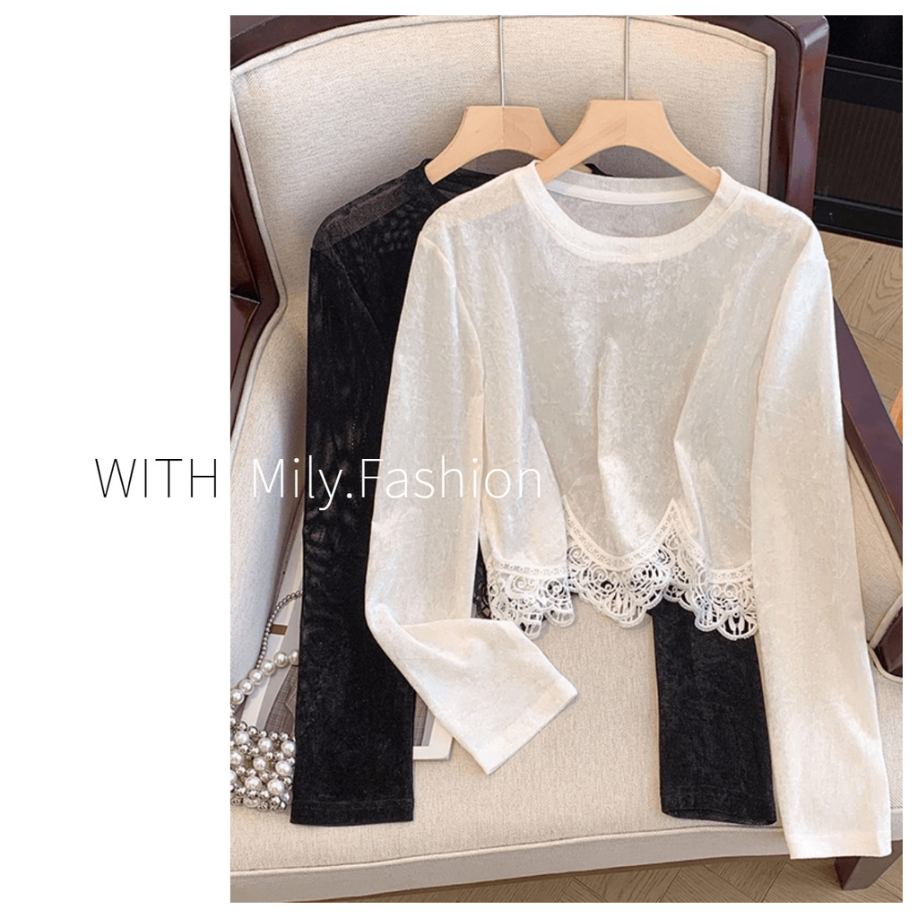 Milyfashion Ren Khâu Hem Nhung Dài Tay Áo Thun Nữ Thu Đông Phong Cách Mới Tất Cả Trận Đấu Mỏng Hơn Nhìn Ngắn Top Mỏng